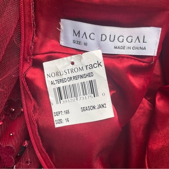 Mac Duggal Burgundy Floral Appliqué Flutter Sleeve Velvet Hem Midi Dress Size 16 - Picture 12 of 15